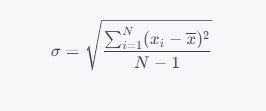Формула расчета волатильности (стандартного отклонения).